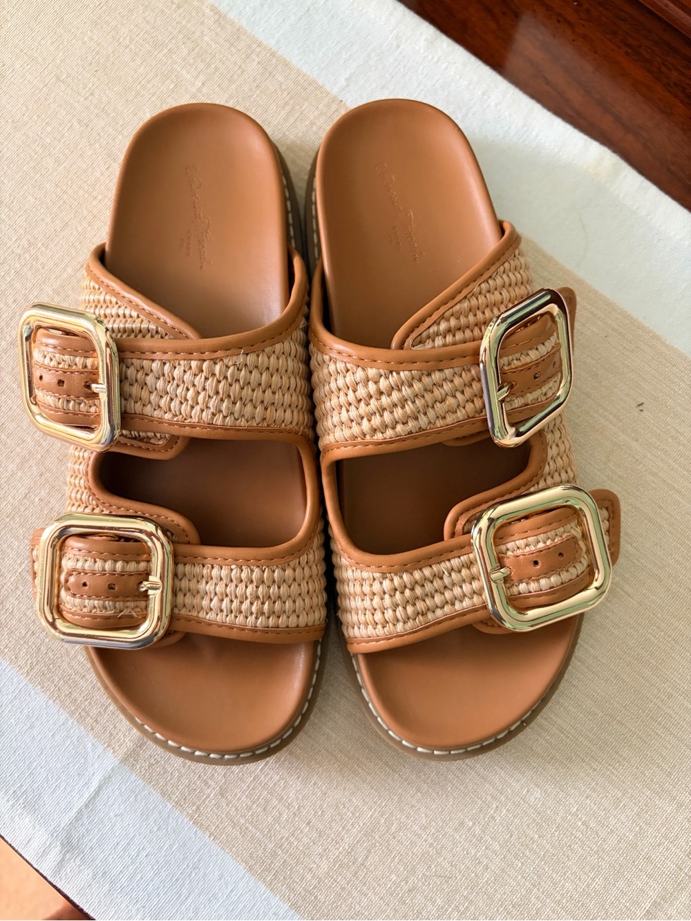 Women’s Tan Woven Buckle Slide Sandals